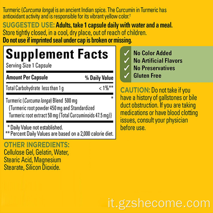 Supplemento di curcuma Supporto antiossidante Capsule di curcumina